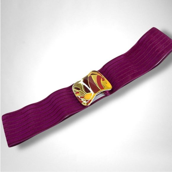 Vintage 80’s CHARMANT of Beverly Hills Elastic Belt with Gold Art Deco Buckle - Picture 2 of 4